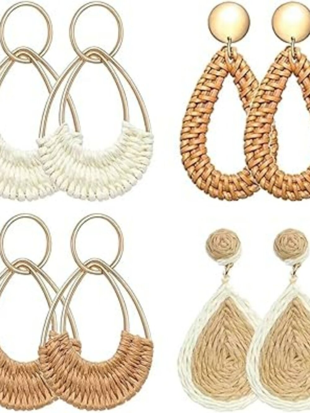 NEW 4 Pairs Handmade Raffia Rattan Bohemian Round Drop Dangle Earrings Boho